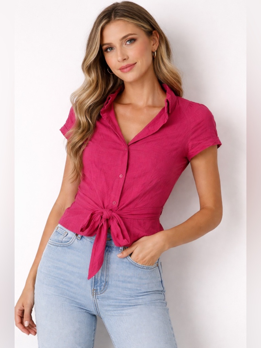 Chapter One Fuchsia Short Sleeve Snap Button Top with Waist Tie